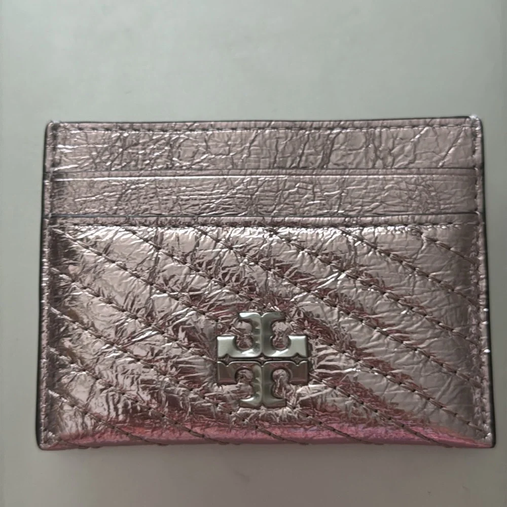 Tory Burch Leather Kira Moto Quilt Metallic Pave Logo Card Case Sparkle Pink